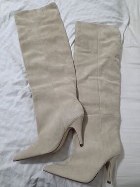 Steve Madden Bellamie Women's Knee-High Pointed Toe Suede Boots in Light Beige